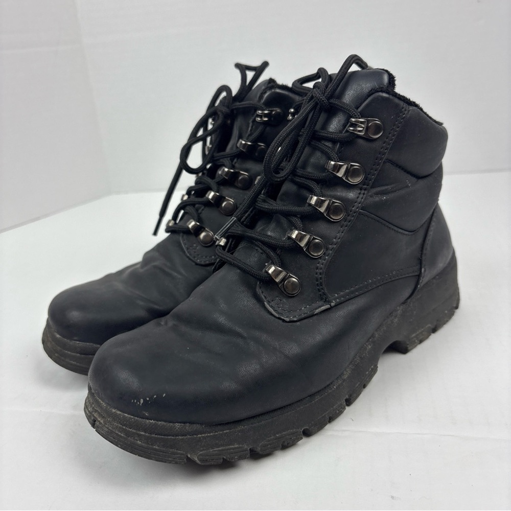Bass Tundra Women Size 7 Boots Black Faux Leather Lace Up Work Outdoor Hiking